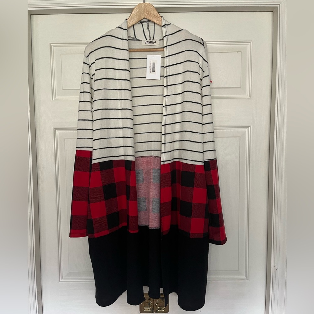 {Haptics} Buffalo Plaid Striped Open Front Long Cardigan - Women's Medium - NWT